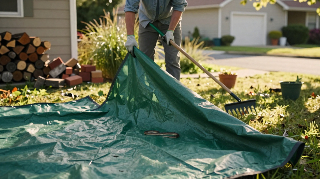Pessoa usando luvas abre lona verde no jardim com rastelo ao lado, em área residencial ensolarada.