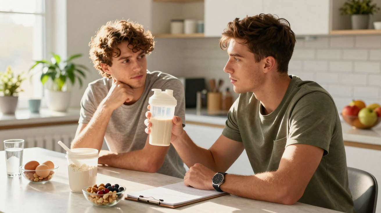 Dois homens conversando na cozinha, um deles segura um copo com bebida proteica.