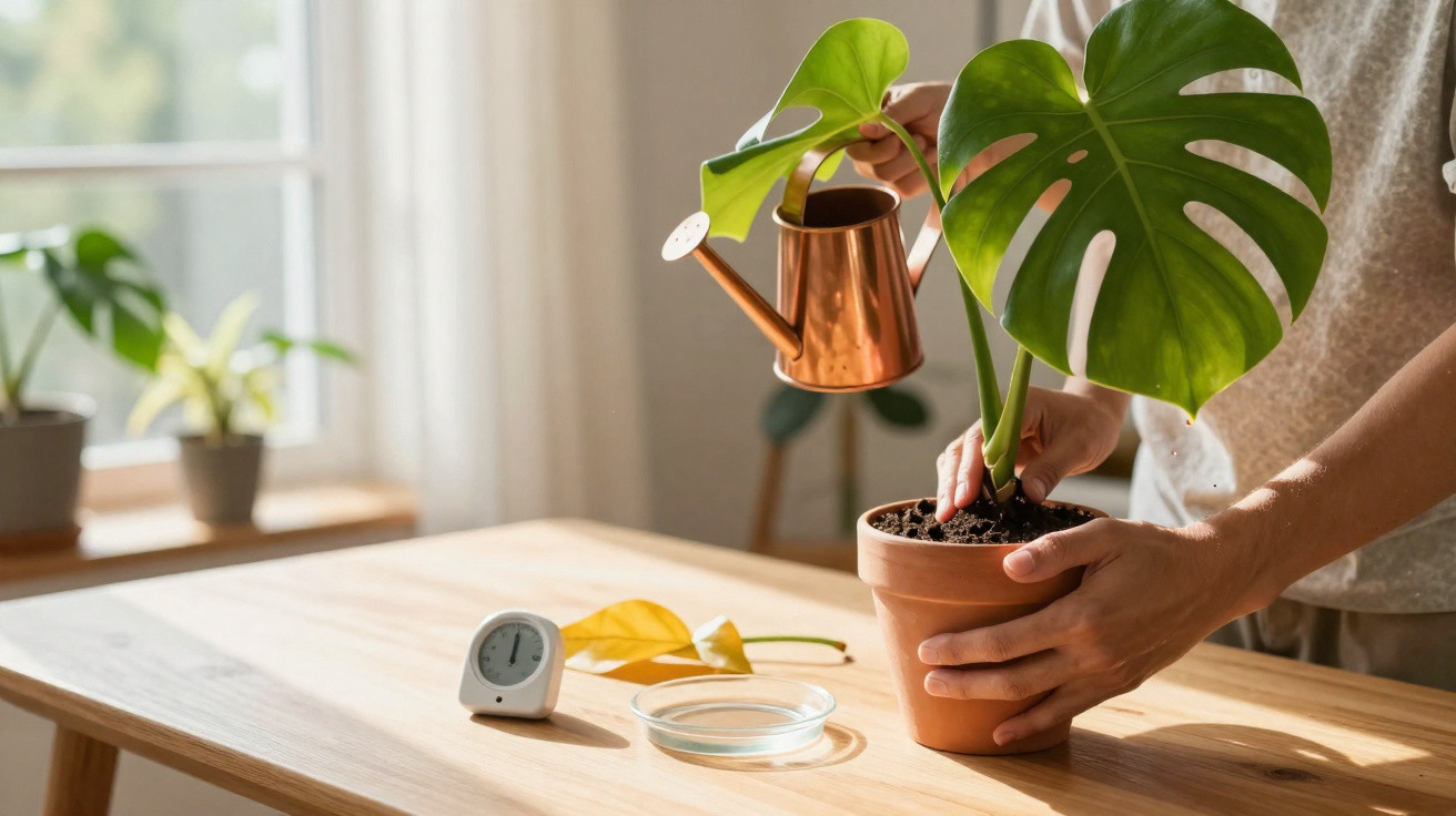 Pessoa regando planta monstera em vaso de cerâmica em mesa de madeira iluminada por janela.