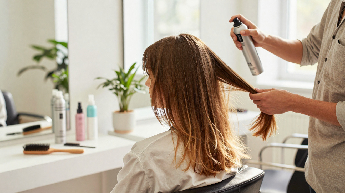 Pessoa com cabelo longo recebendo aplicação de spray capilar em salão de beleza moderno e iluminado.