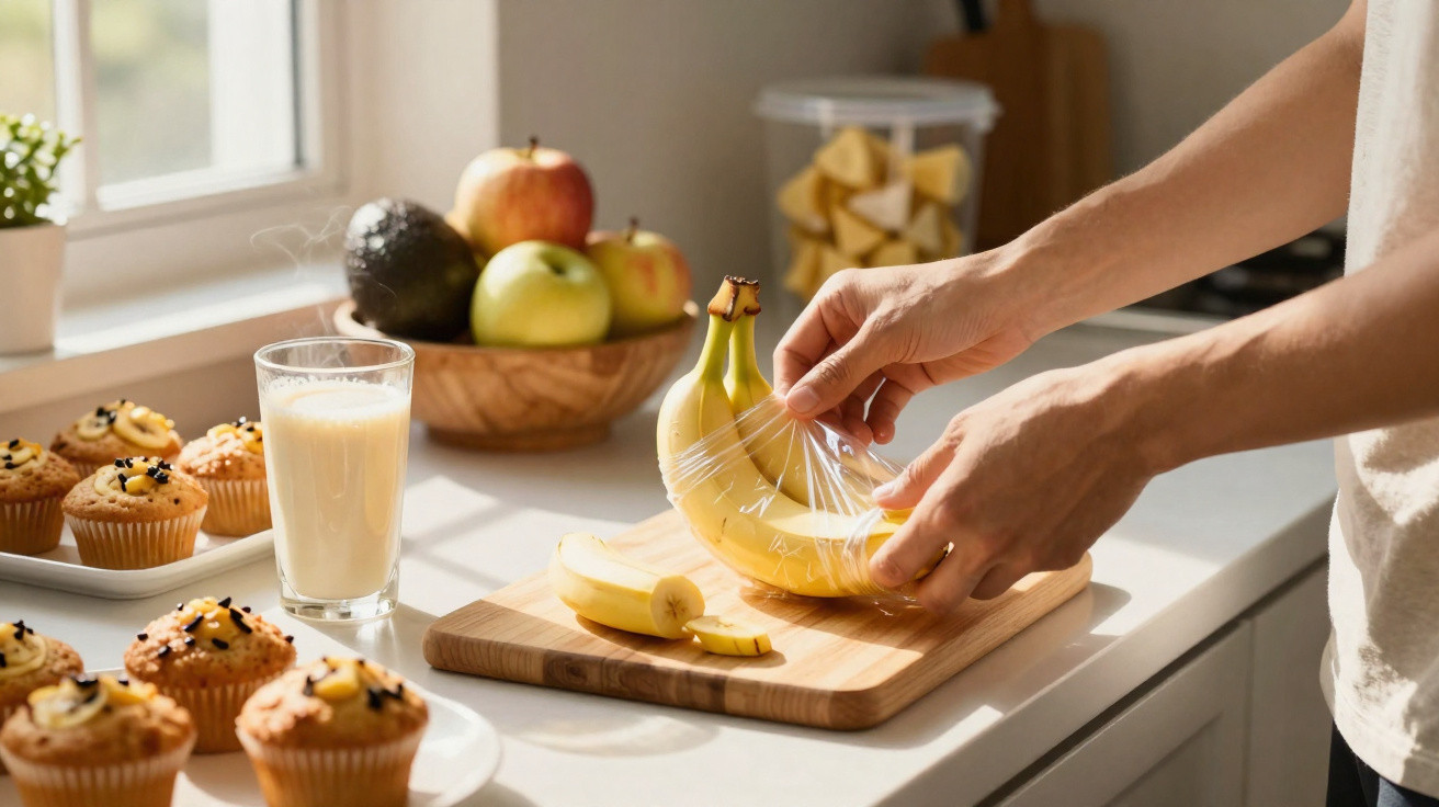 Mãos embalando bananas com filme plástico em cozinha ensolarada com cupcakes, frutas e copo de leite.