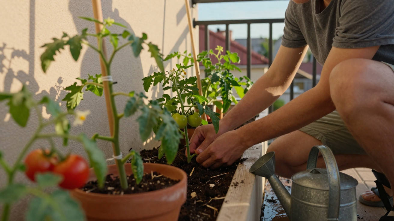 Pessoa cuidando de plantas de tomate em vaso e jardineira em varanda com regador ao lado.