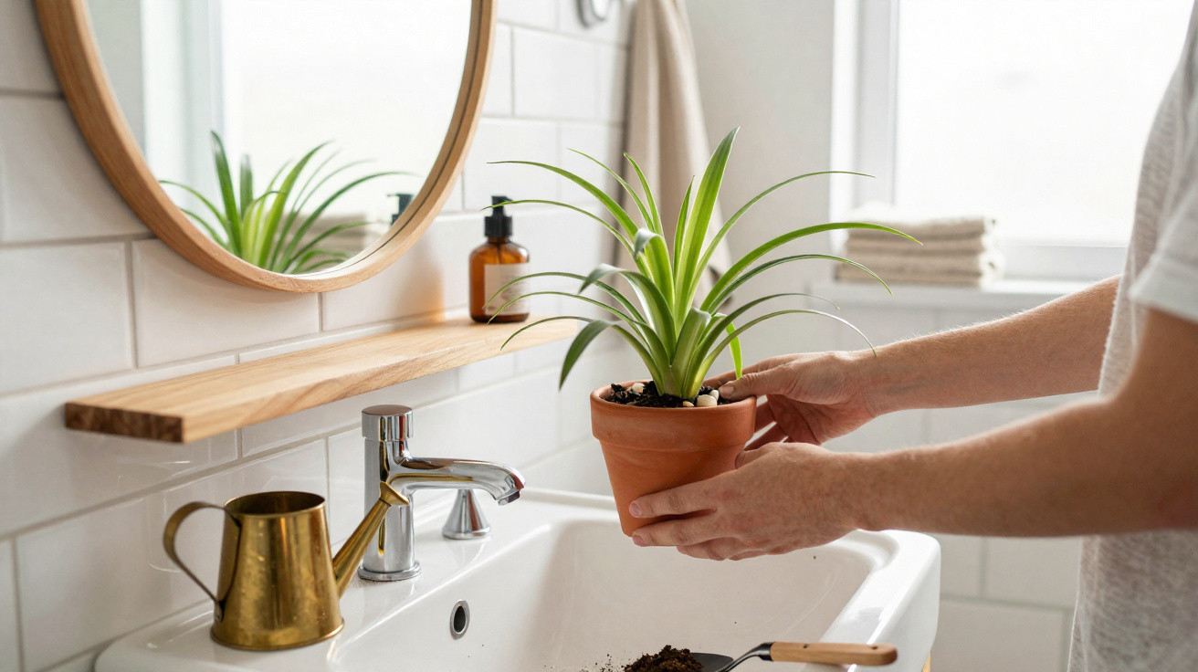 Pessoa segurando vaso com planta verde em banheiro iluminado, pia com regador dourado e espelho redondo.
