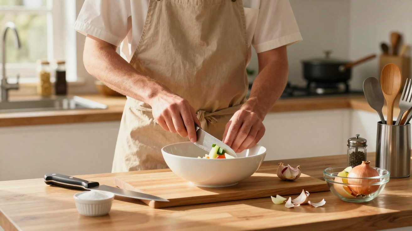 Pessoa cortando legumes em tigela branca em cozinha com utensílios e ingredientes sobre bancada de madeira.
