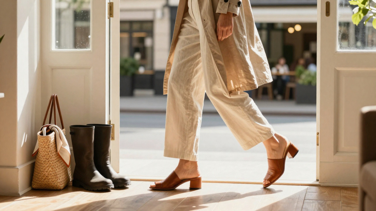 Pessoa com calça clara e casaco bege entrando em ambiente com chão de madeira e bolsa de palha e botas perto da porta.