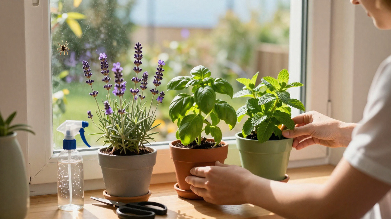 Pessoa cuidando de vasos com lavanda, manjericão e hortelã em uma janela ensolarada.
