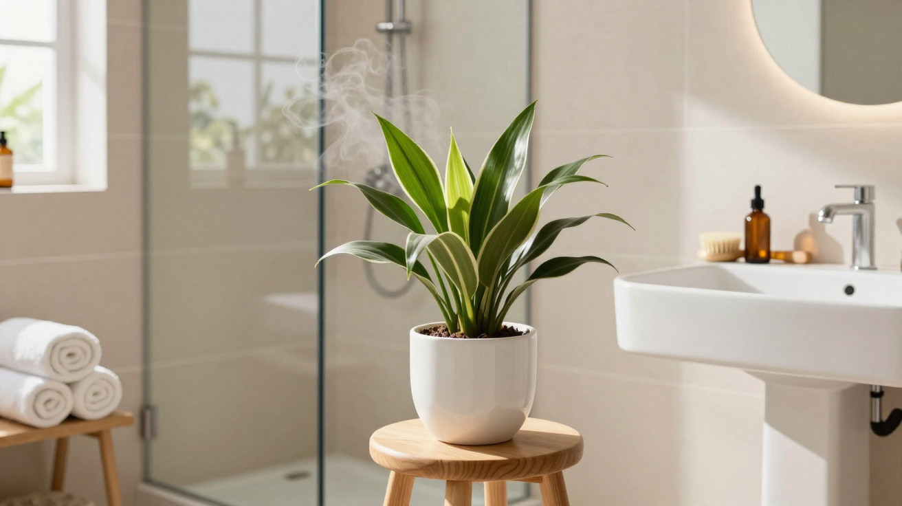 Planta com folhas verdes em vaso branco sobre banco de madeira em banheiro moderno com toalhas e pia branca.