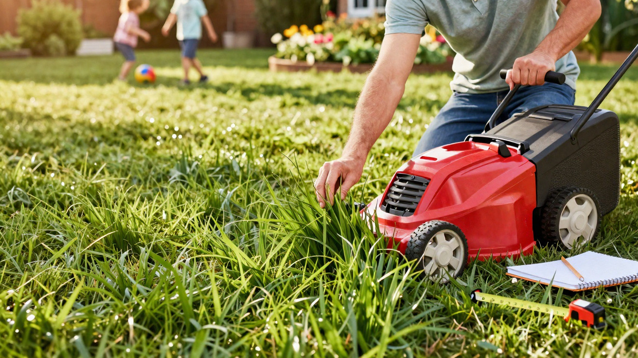 Pessoa cortando grama alta no jardim com cortador vermelho enquanto duas crianças brincam ao fundo.