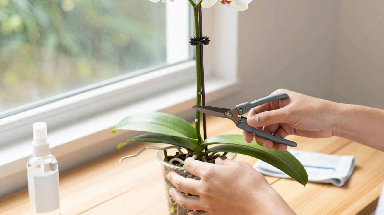 Mãos podando folha de orquídea em vaso transparente sobre mesa de madeira próxima a janela.