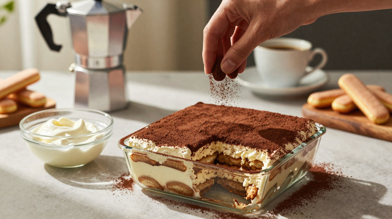 Mão polvilhando cacau em tiramisu em travessa de vidro, com café, creme e biscoitos ao fundo.
