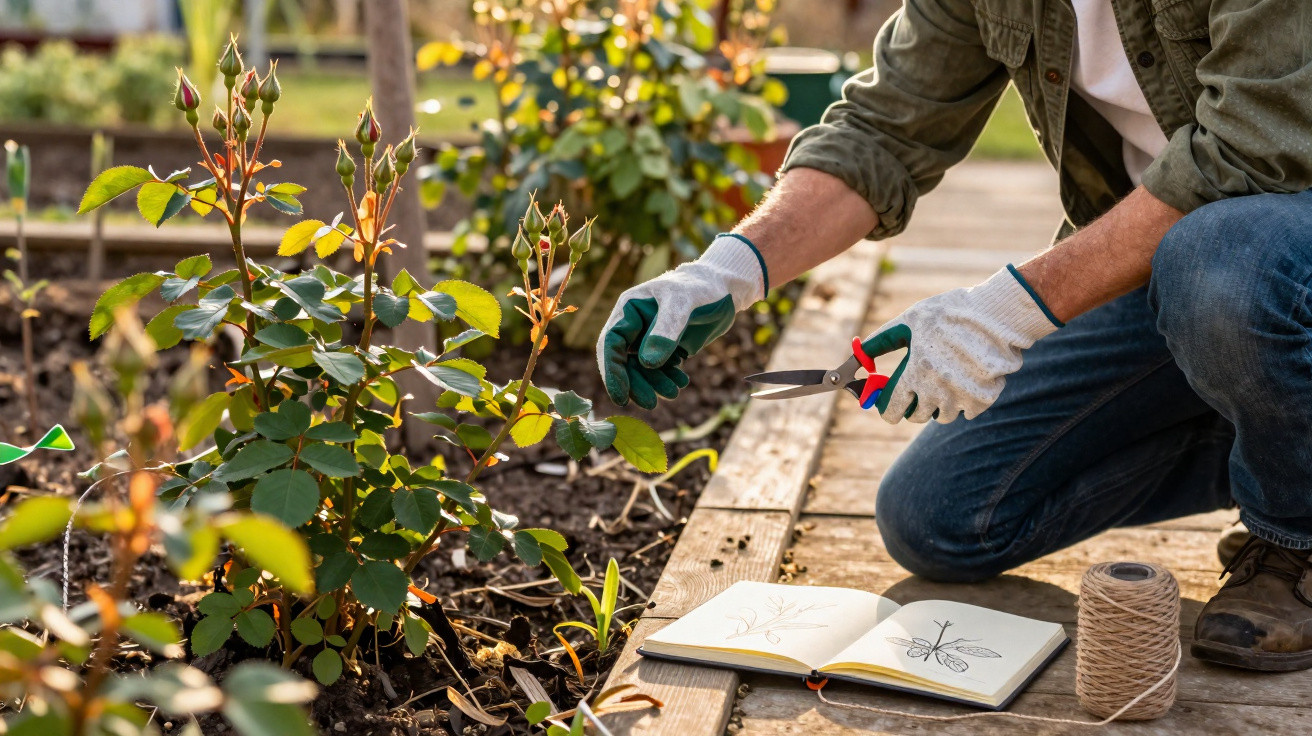 Pessoa podando rosa com tesoura de jardinagem, ao lado de caderno aberto com desenhos de plantas.