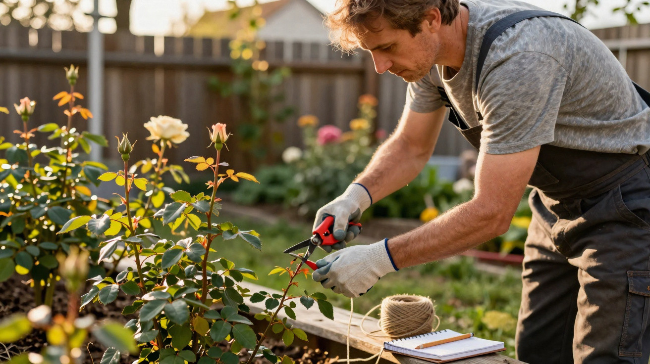 Homem podando roseira com ferramentas de jardinagem em jardim ensolarado.