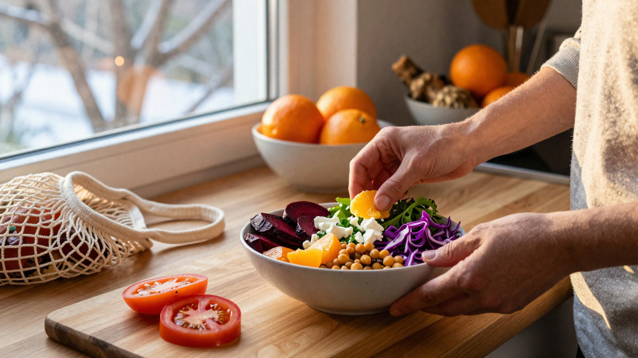 Pessoa preparando salada colorida com grão-de-bico, tomate, beterraba e laranja em bancada de cozinha.