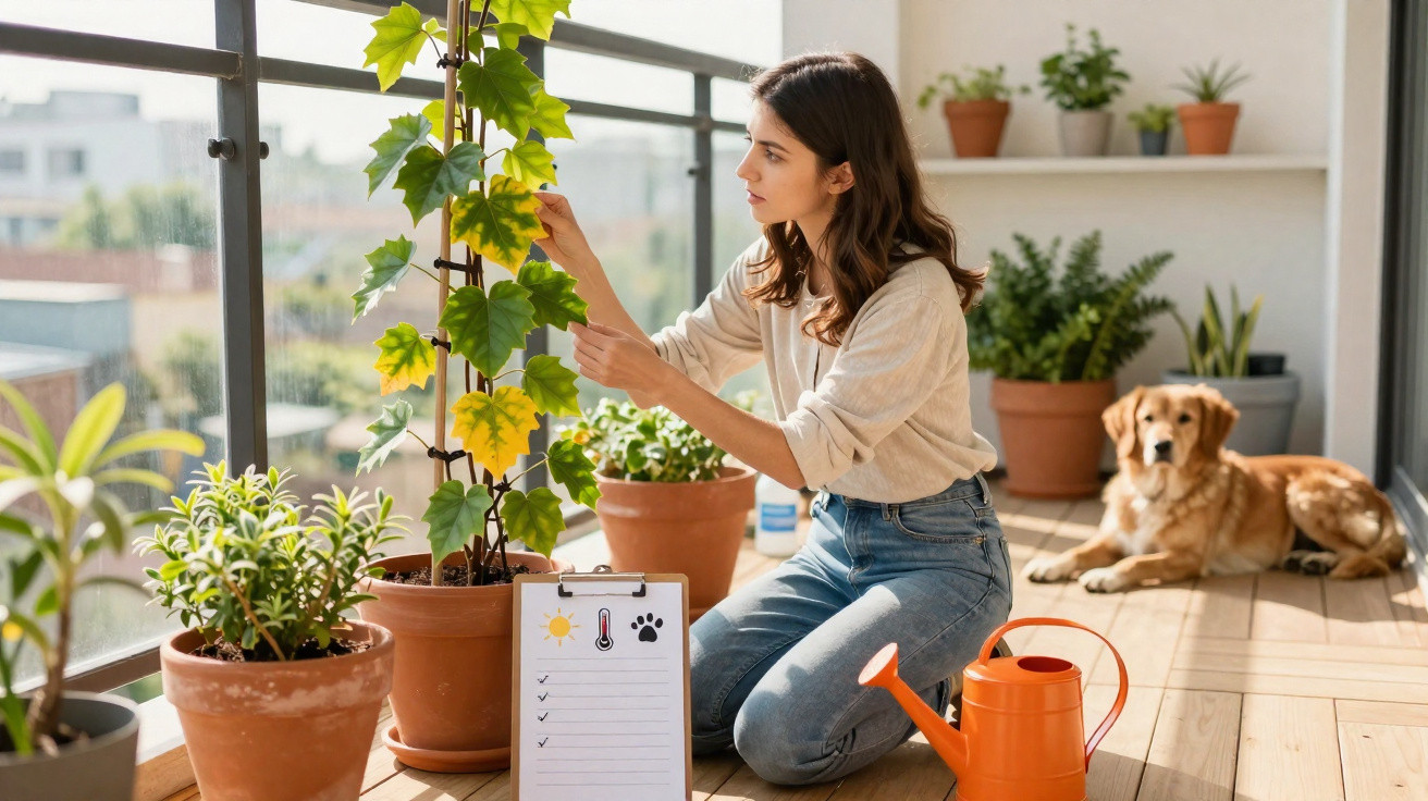Mulher cuidando de plantas em varanda com regador e cachorro ao fundo, ao sol.