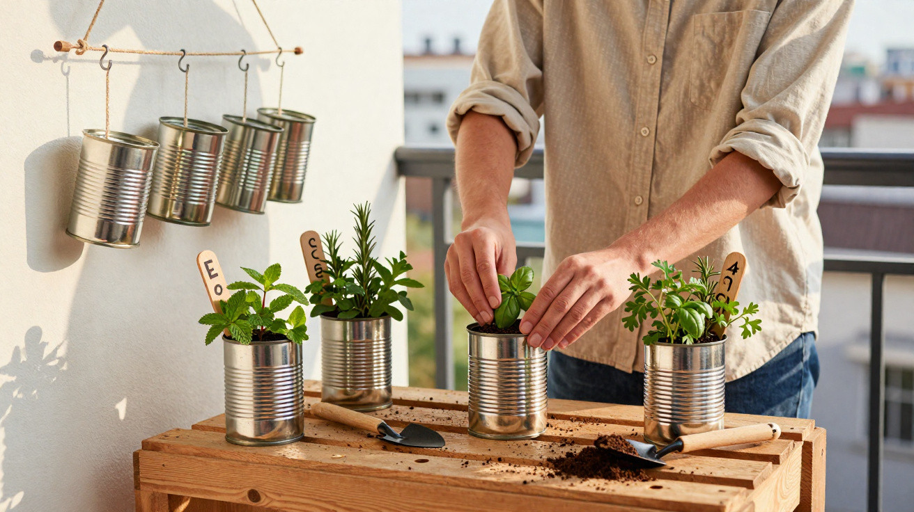 Pessoa cuidando de plantas em latas recicladas em varanda ensolarada com etiquetas de ervas aromáticas.