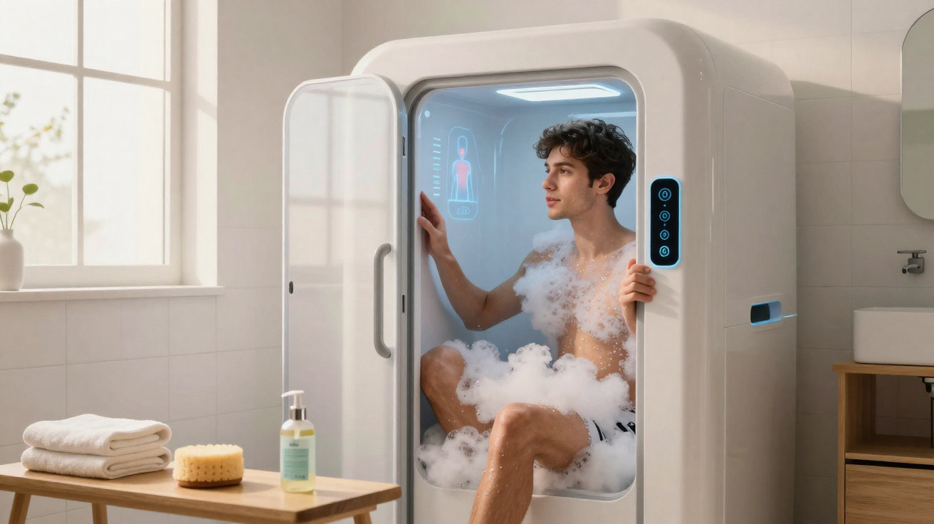 Homem sentado em cabine de banho a vapor compacta dentro de banheiro moderno iluminado.