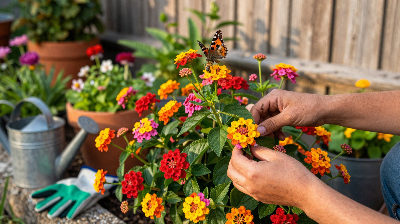 Mãos cuidando de flores coloridas em jardim, com borboleta pousada em flor amarela e regador ao fundo.