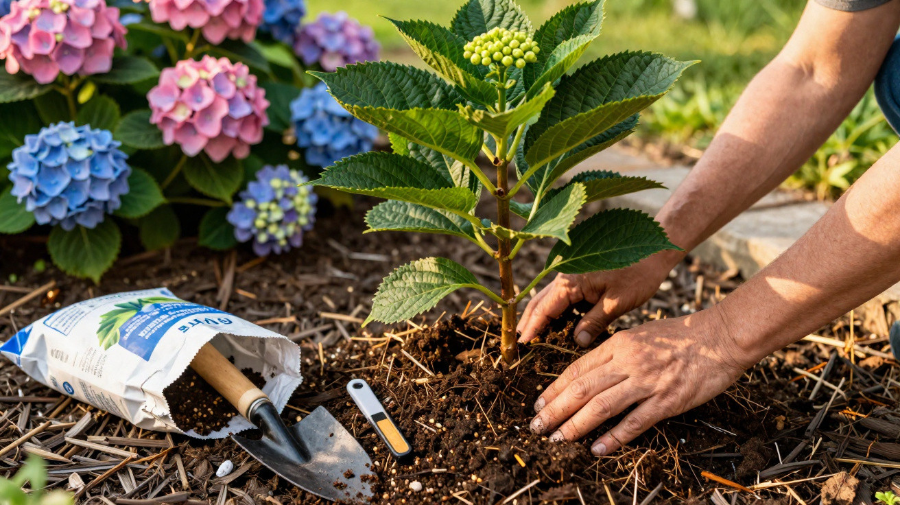 Pessoa plantando muda de hortênsia no jardim, ao lado de flores coloridas e ferramentas de jardinagem.