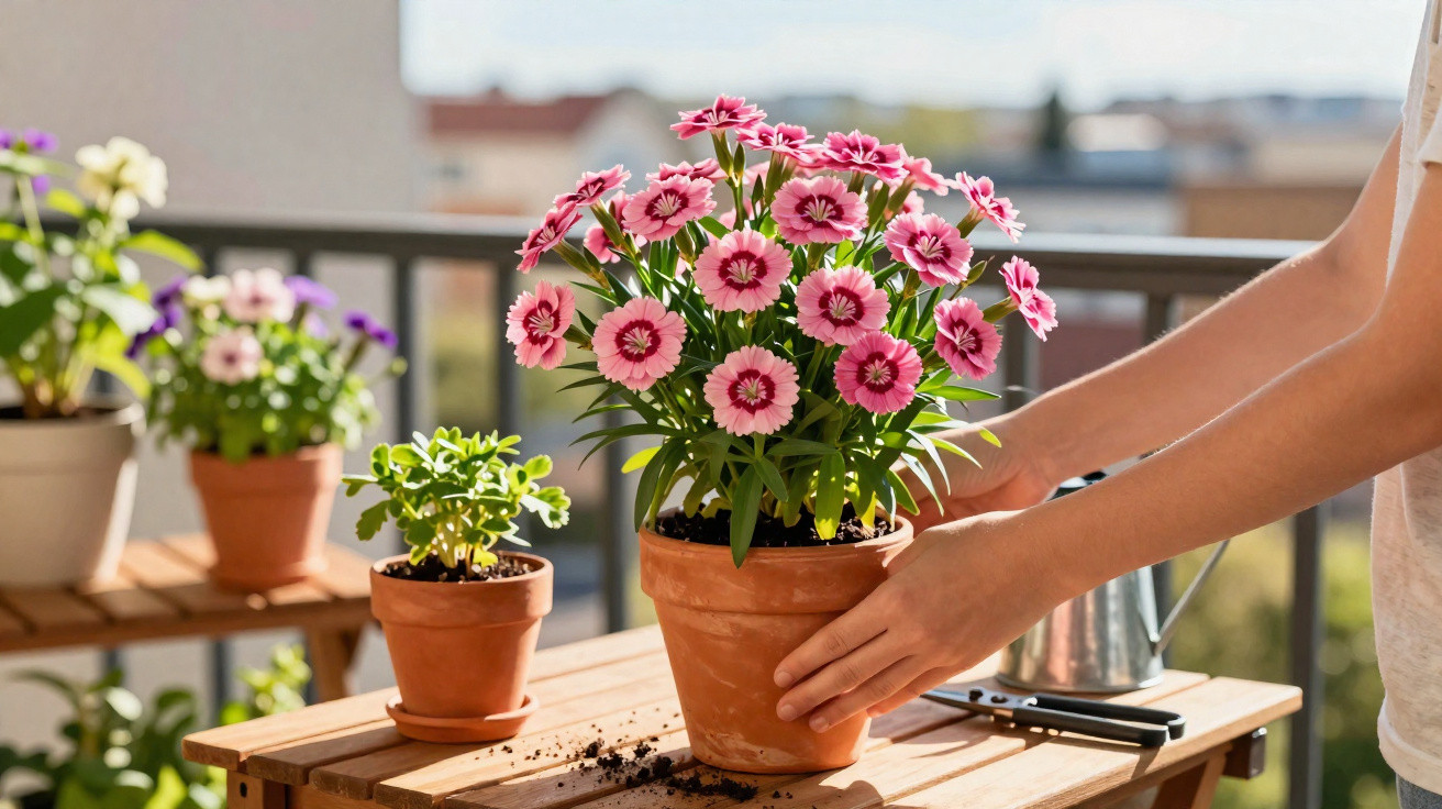Pessoa ajusta vaso de flores cor-de-rosa em varanda ensolarada com plantas em outros vasos.