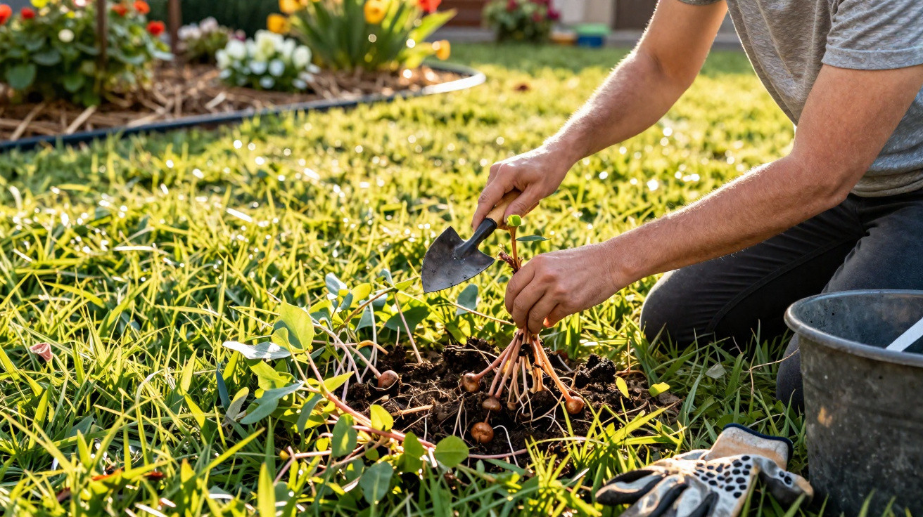 Pessoa plantando mudas com uma pequena pá em jardim ensolarado, próximo a luvas e balde metálico.