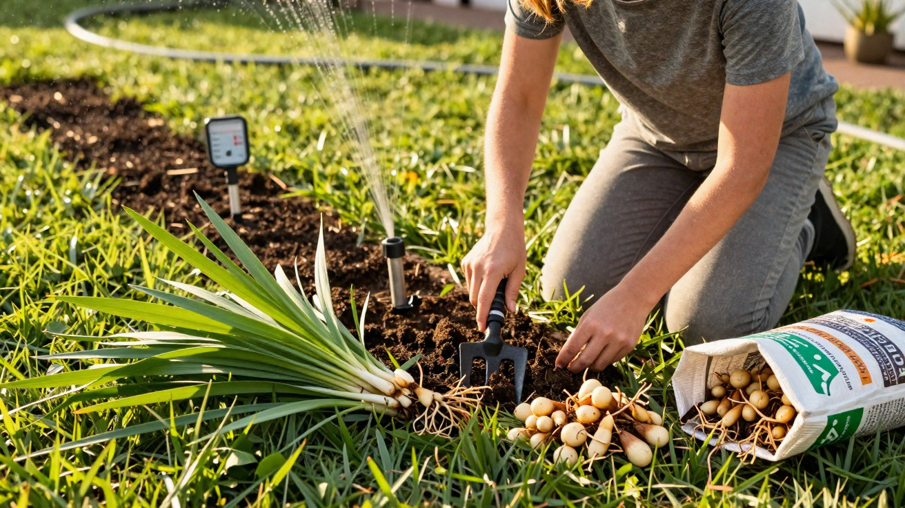 Pessoa cultivando cebolinhas em jardim com regador e ferramentas de plantio.