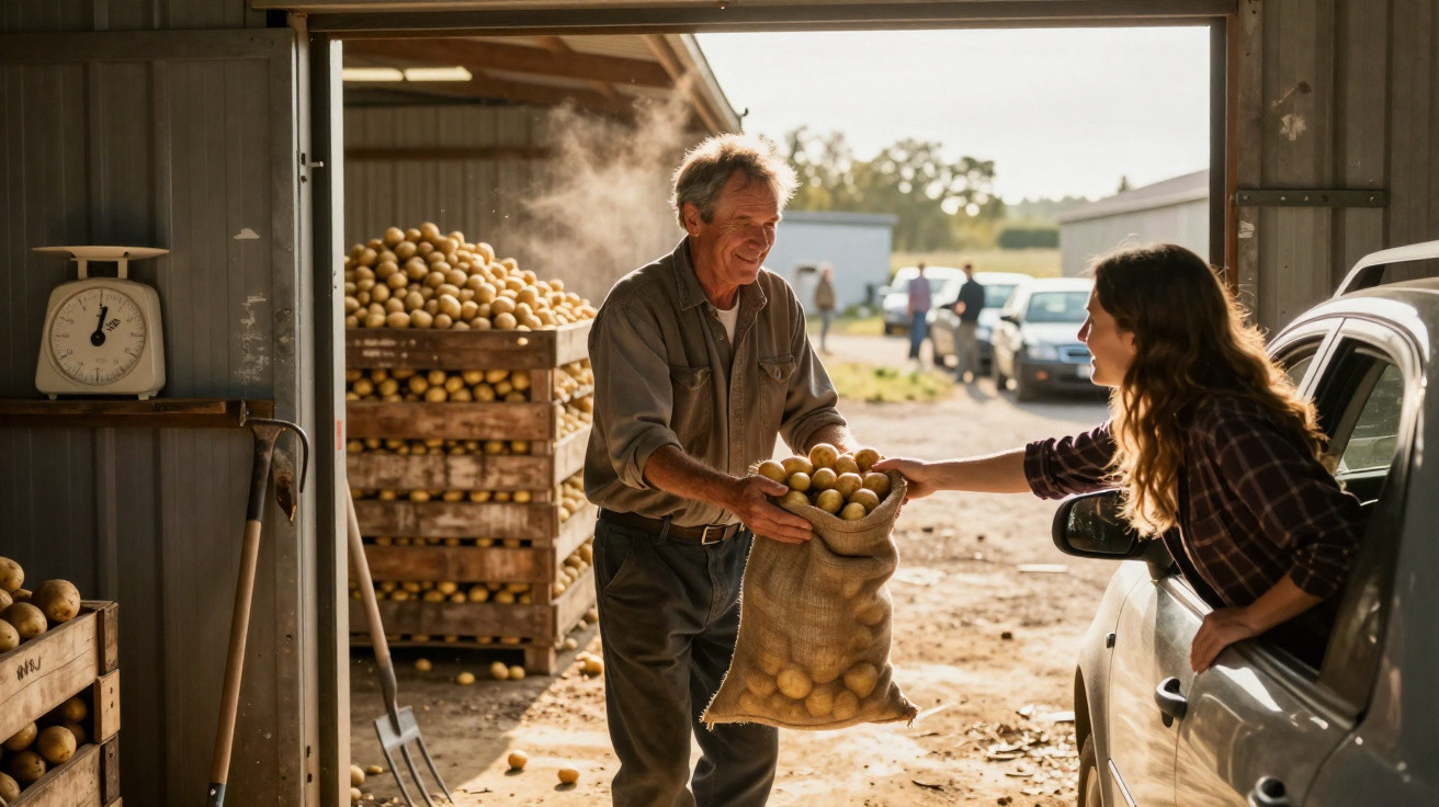 Homem entrega saco de batatas para mulher dentro de carro em ambiente rural de armazém agrícola.