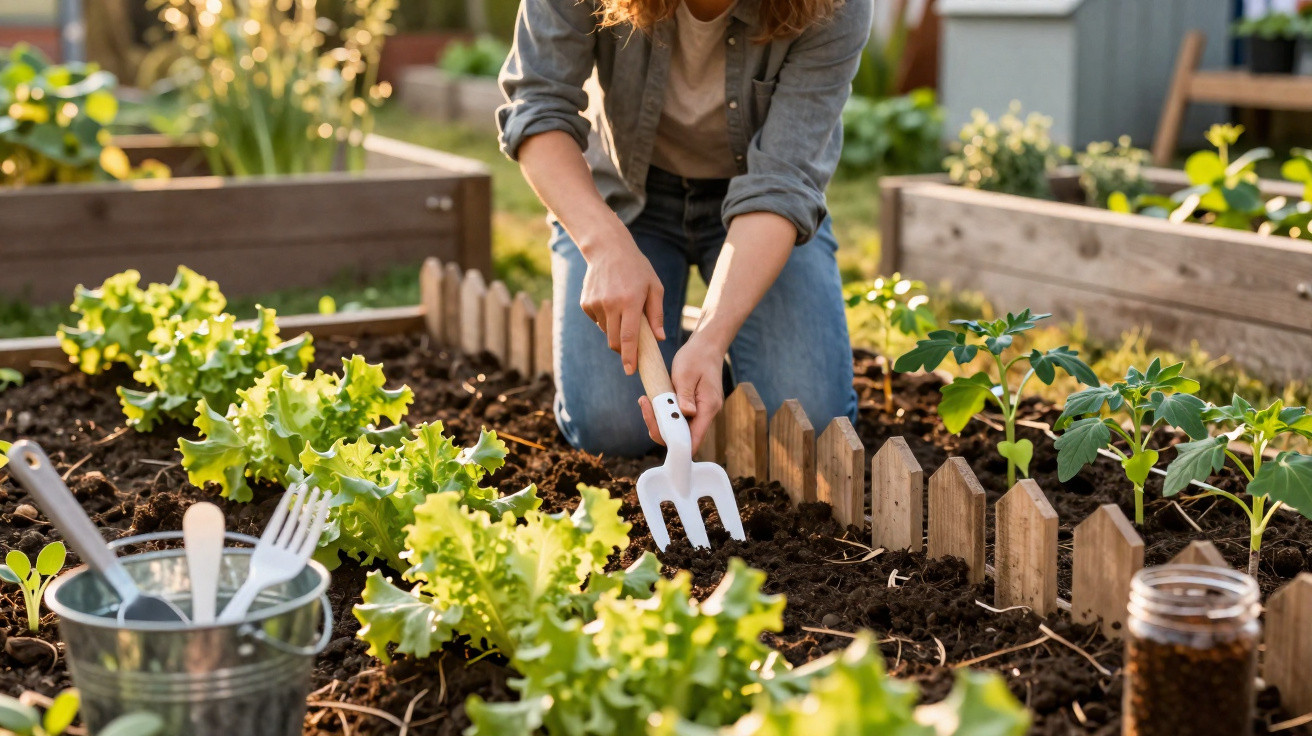 Pessoa cultivando hortaliças em canteiro de jardim com ferramenta de jardinagem branca.
