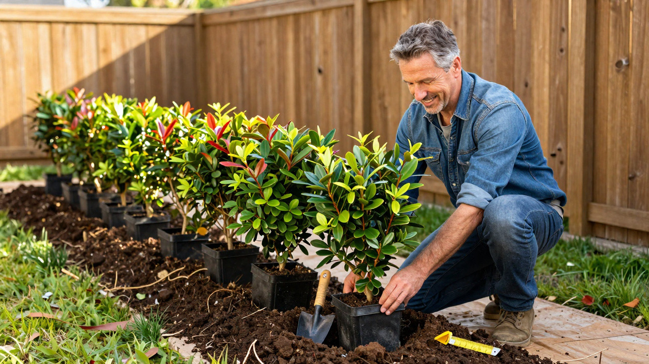 Homem sorridente plantando arbustos em vasos pretos no jardim ao lado de cerca de madeira.