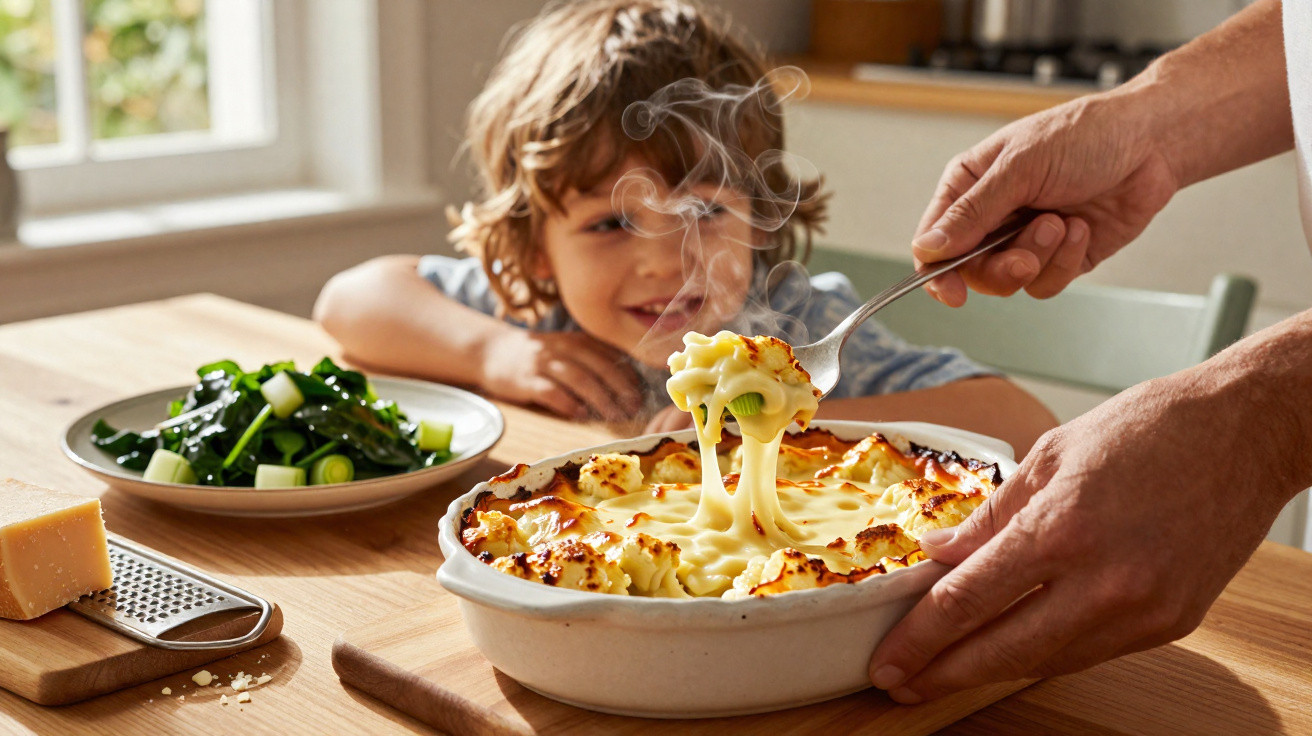 Criança observa gratinado fumegante de couve-flor com queijo sendo servido em mesa com salada.
