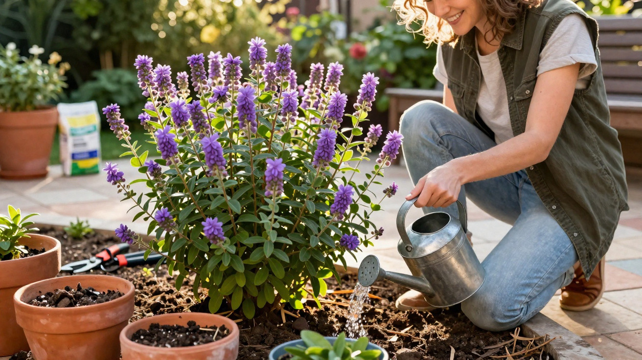 Mulher regando planta com flores roxas em jardim com vasos e ferramentas ao redor.