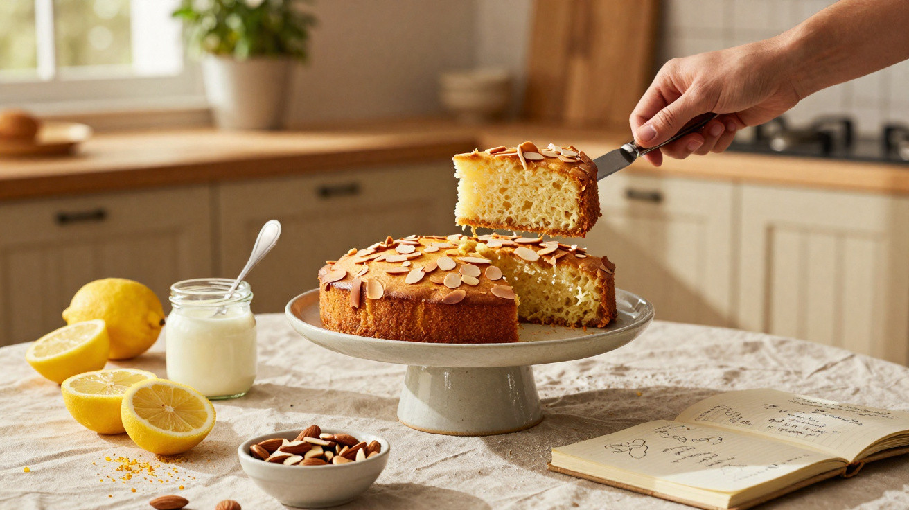 Bolo de limão com amêndoas em base de cerâmica, fatia sendo retirada, limões e livro de receitas ao lado.