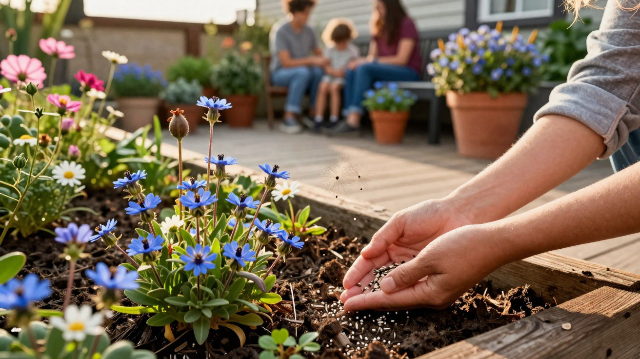 Mãos plantando sementes em canteiro de flores com pessoas sentadas ao fundo em área externa de casa.