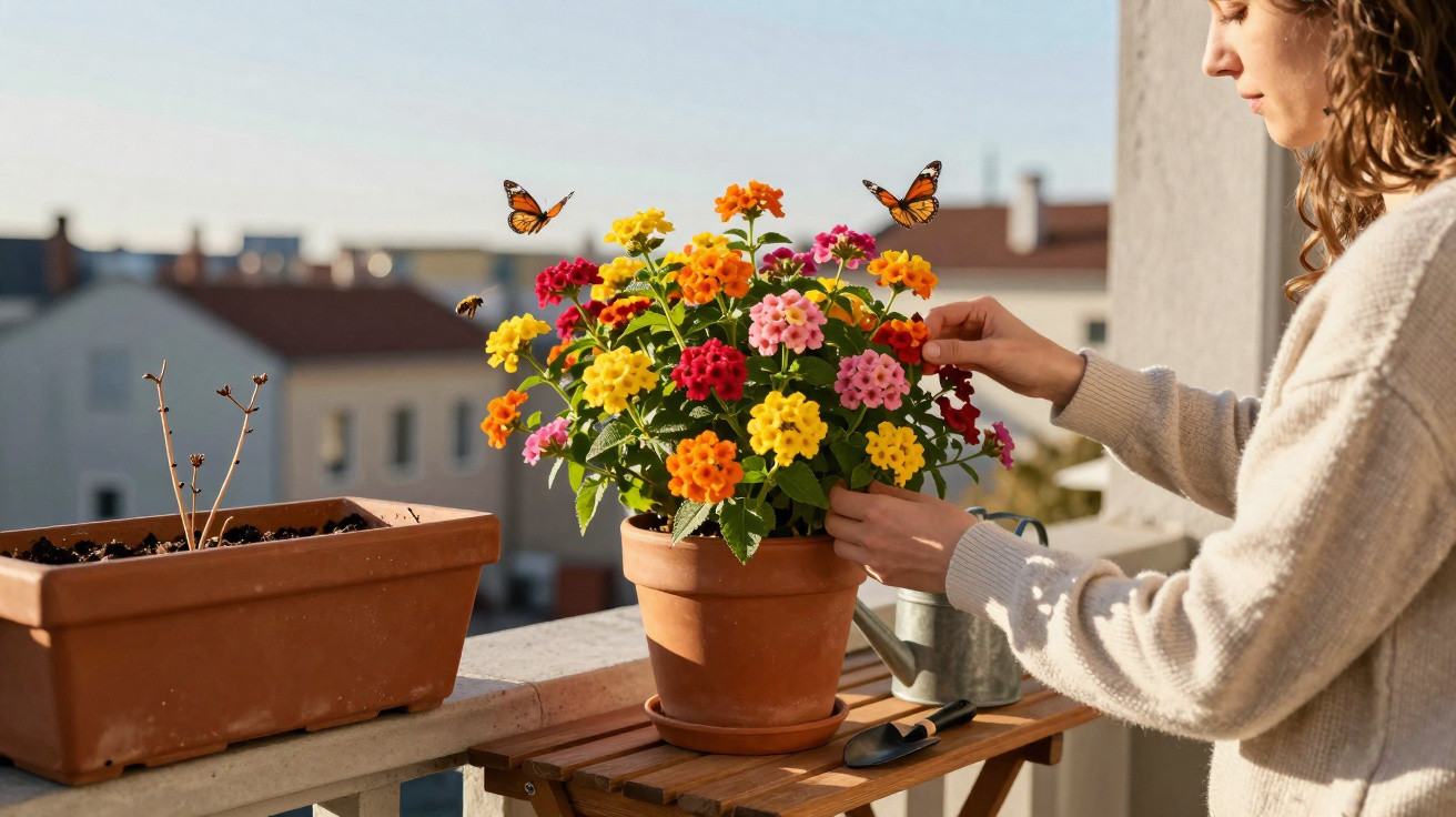 Mulher cuidando de flores coloridas em vaso na varanda durante o dia, com borboletas ao redor.