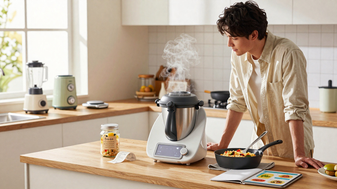 Homem observa panela elétrica fumegante em bancada de cozinha moderna com frutas e receita digital aberta.