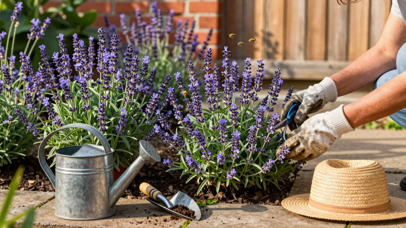 Pessoa cuidando de plantas de lavanda roxa com regador, pá de jardinagem e chapéu de palha ao lado.
