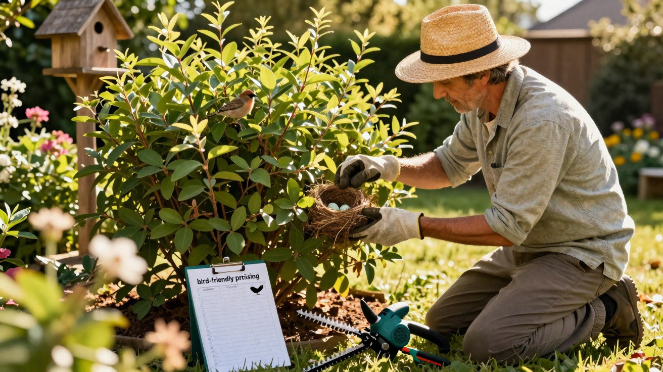 Homem com chapéu cuida de ninho de pássaro em jardim cheio de plantas e flores ao entardecer.