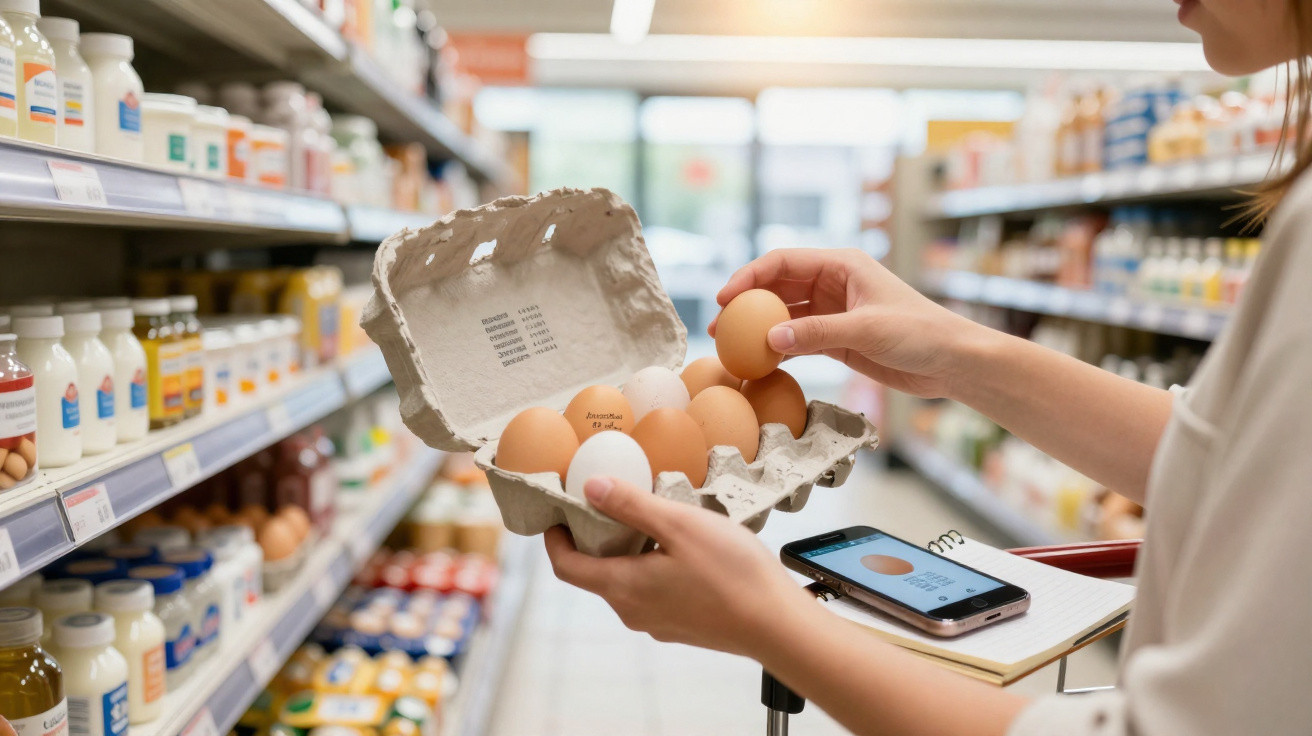 Pessoa segurando ovos em caixa no supermercado com celular em carrinho de compras ao lado.
