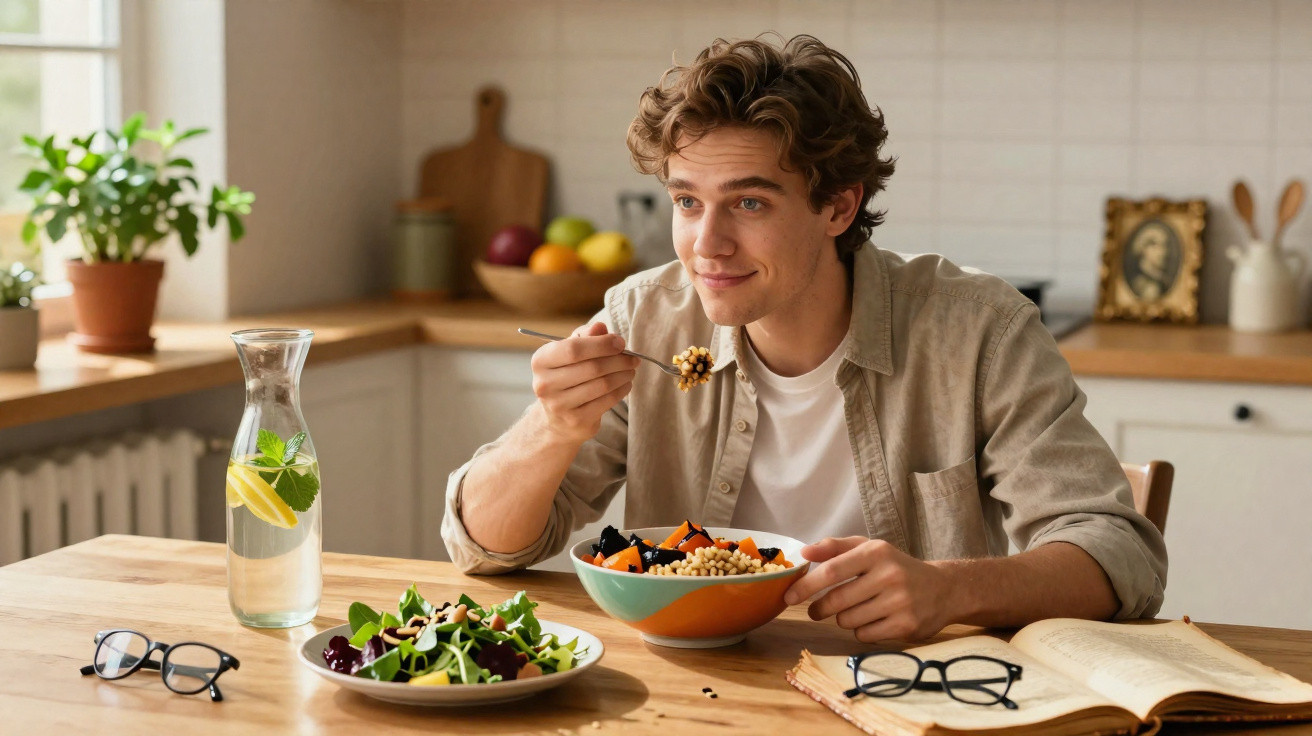 Homem jovem comendo salada sentado à mesa de cozinha iluminada, com livro aberto e jarra de água com limão.