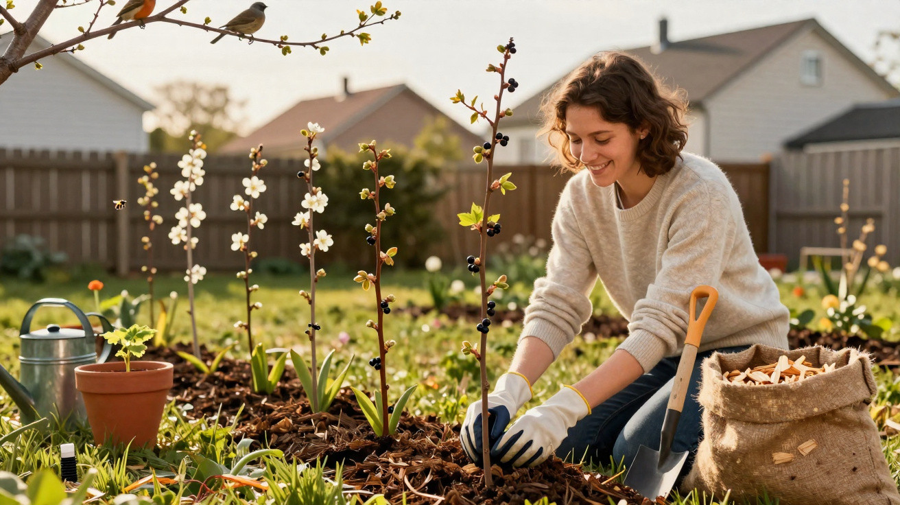 Mulher sorridente plantando muda em jardim ensolarado com luvas, regador e saco de cascas de árvore.