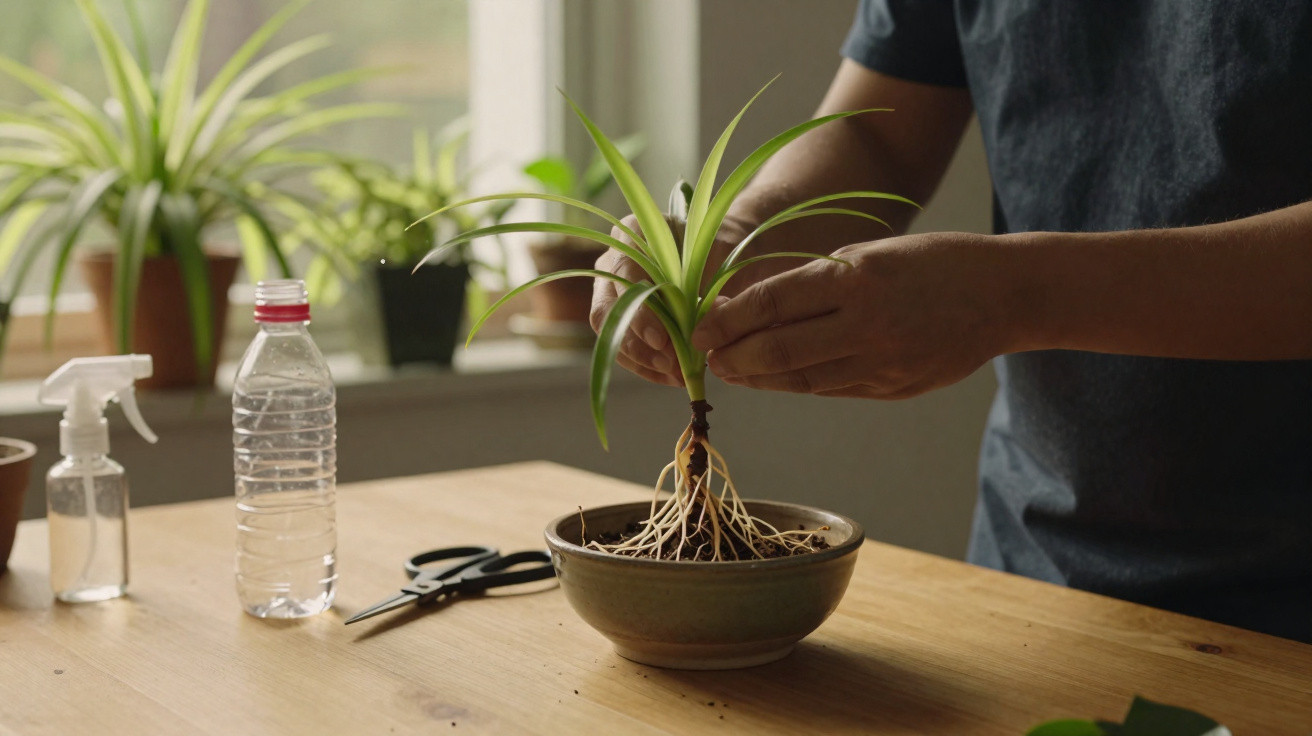 Pessoa cuidando de planta com raízes expostas em vaso, mesa de madeira com garrafa, tesoura e borrifador.