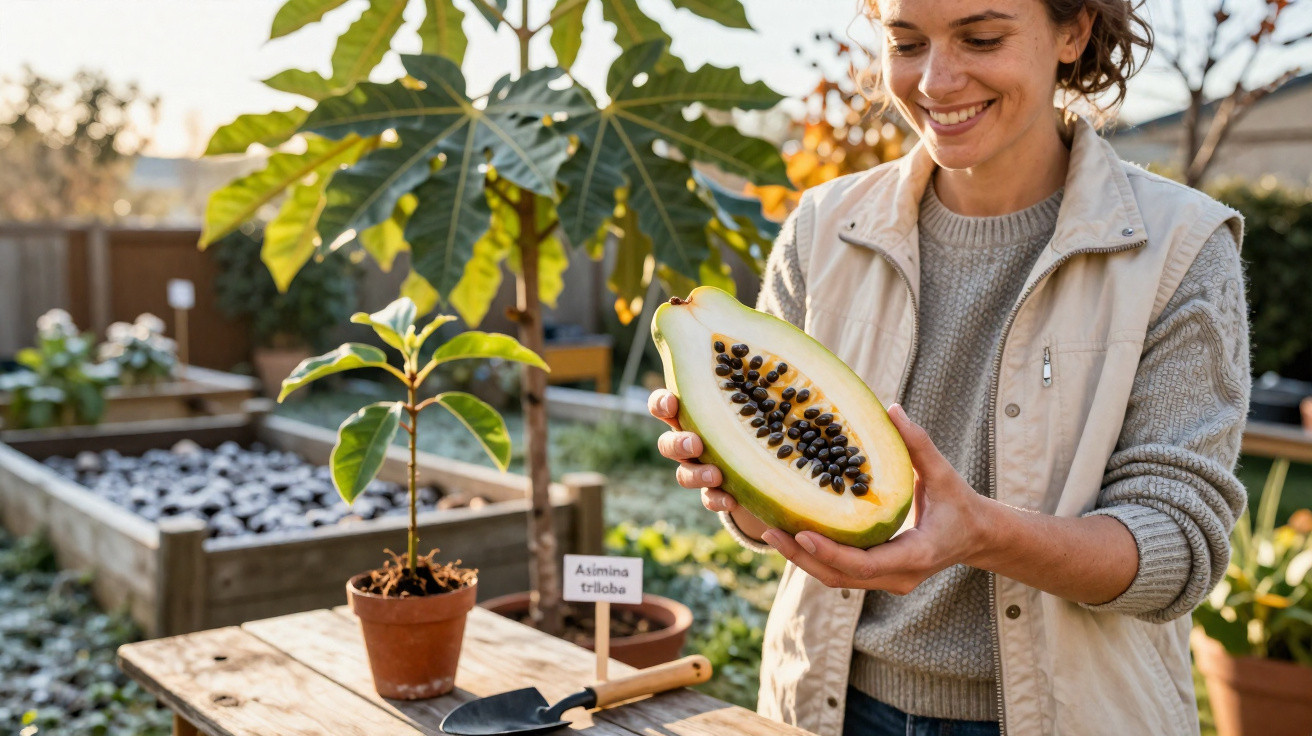 Mulher sorrindo segura uma metade de fruta papaia em horta com plantas e ferramentas ao fundo.