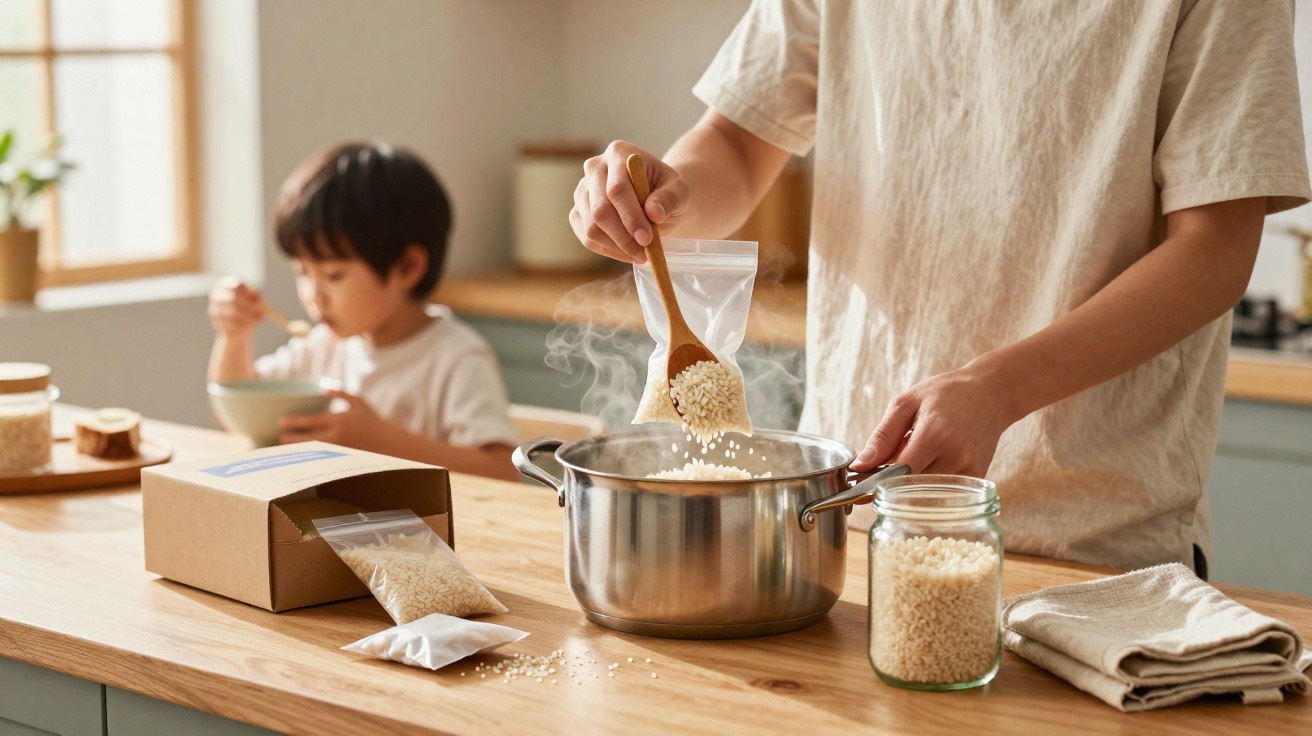 Adulto cozinhando arroz em panela com criança comendo ao fundo em cozinha iluminada