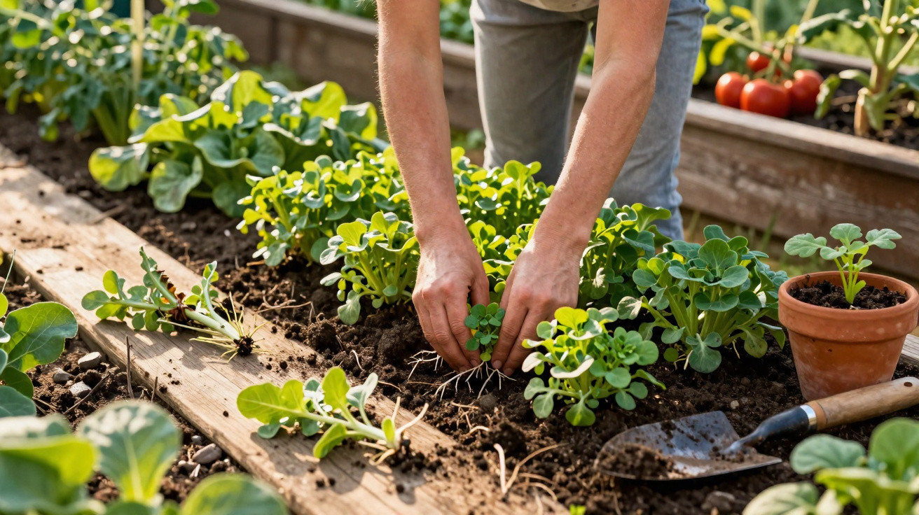 Pessoa transplantando mudas verdes na horta em canteiro de madeira com ferramenta de jardinagem ao lado.