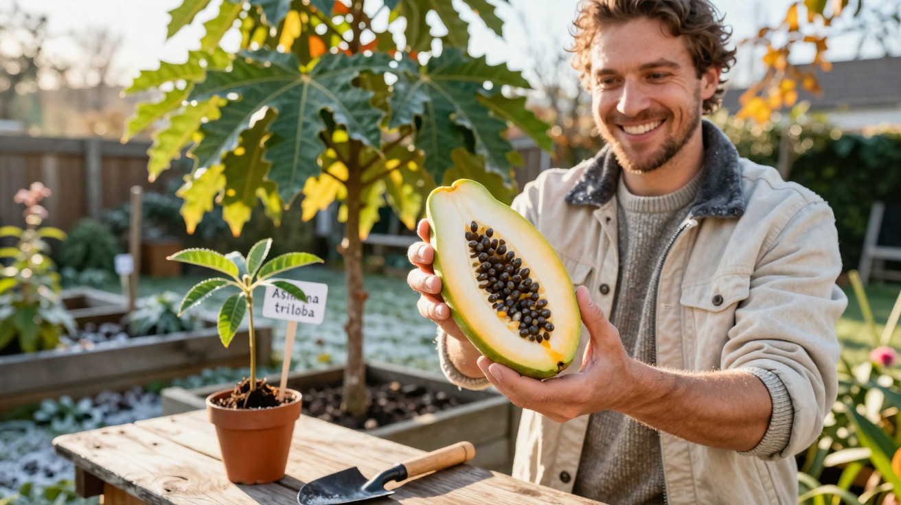Homem sorridente segurando metade de mamão em jardim com muda de planta e ferramenta de jardinagem.