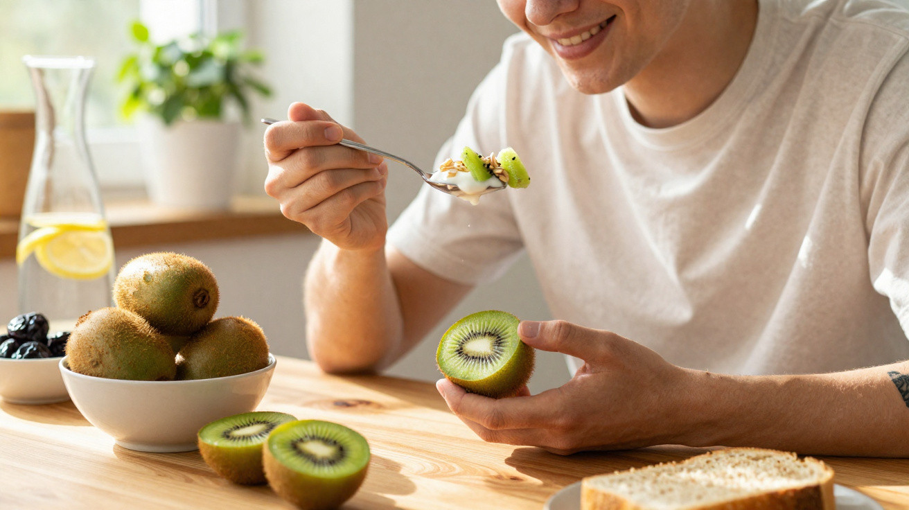 Homem sorridente comendo iogurte e kiwi em mesa com frutas e pão.