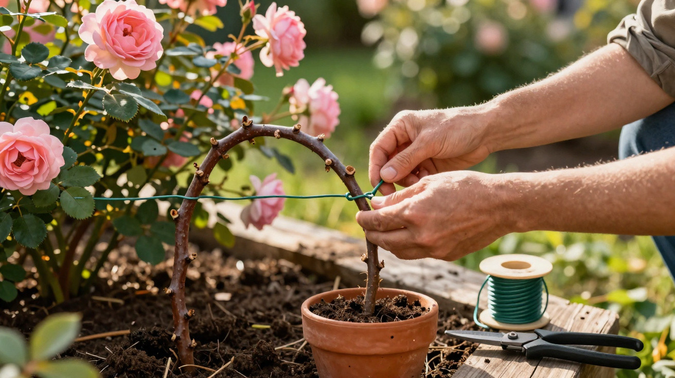 Mãos amarrando fio verde em galho de rosa para suporte em vaso de barro no jardim com rosas cor-de-rosa.