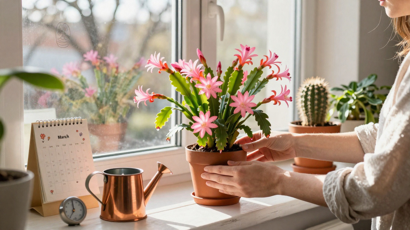 Pessoa cuidando de planta florida rosa em vaso de barro na janela com regador e calendário de março.