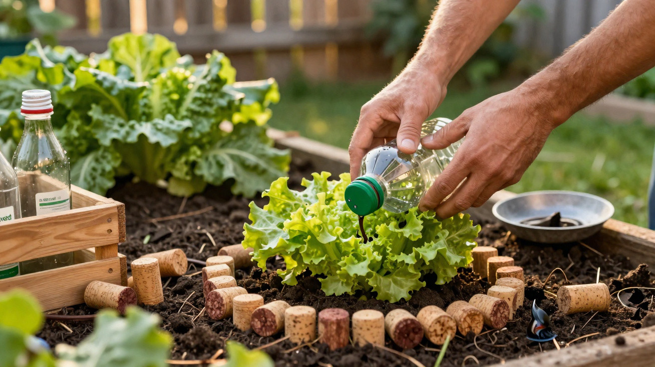 Mãos regando alface em horta com garrafa plástica e rolhas formando círculo ao redor da planta.