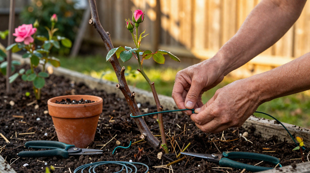 Mãos amarrando planta de rosa com suporte em jardim, com terra, vaso de barro e tesouras ao redor.