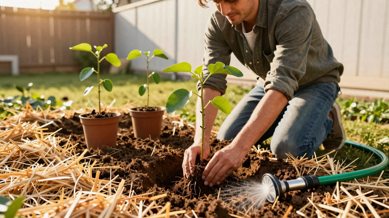 Pessoa plantando muda em solo preparado com palha e regando com mangueira em jardim ensolarado.